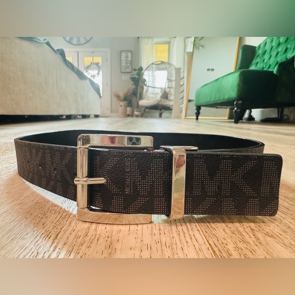 Michael Kors Black Monogram Belt with Silver Buckle